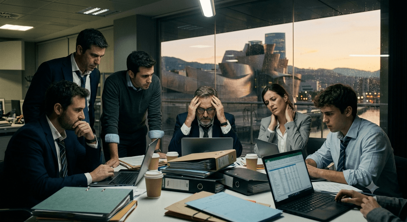 Auditor revisando papeles de trabajo en una firma mediana española durante el cierre de Q1