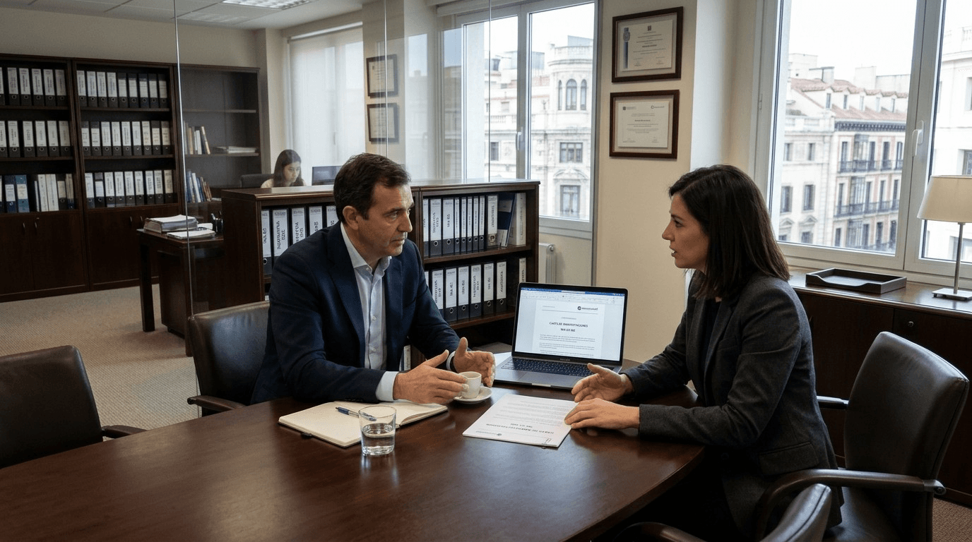 Dos profesionales revisan una carta de manifestaciones en un despacho de auditoría, sentados a una mesa de madera con un portátil y un documento impreso