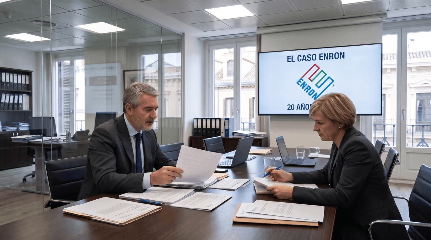 Dos profesionales revisan documentación en una sala de reuniones, con una pantalla sobre el caso Enron al fondo