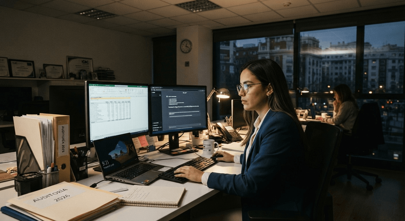 Auditora trabajando de noche con una hoja de cálculo y un asistente de inteligencia artificial en la pantalla