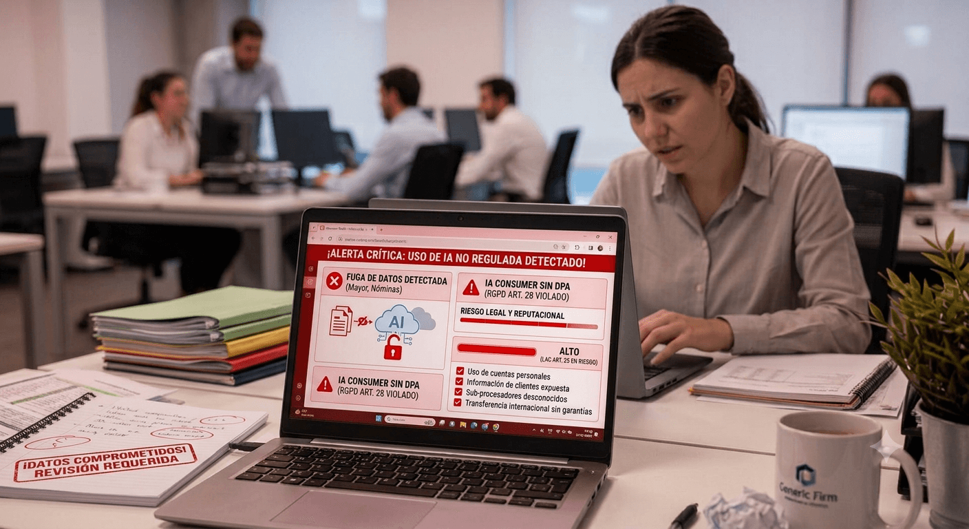 Pantalla de ordenador con un chat de IA junto a documentos financieros confidenciales de un cliente de auditoría