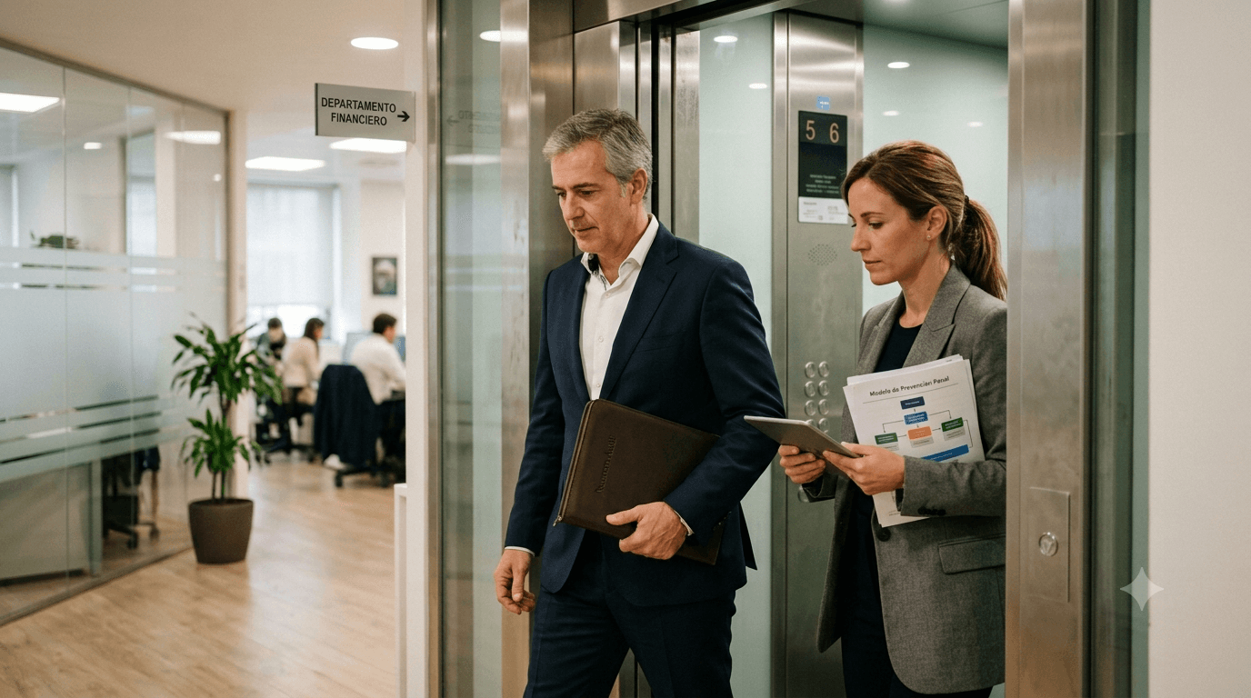 Compliance officer y auditor de cuentas revisando la misma matriz de controles internos de prevención penal