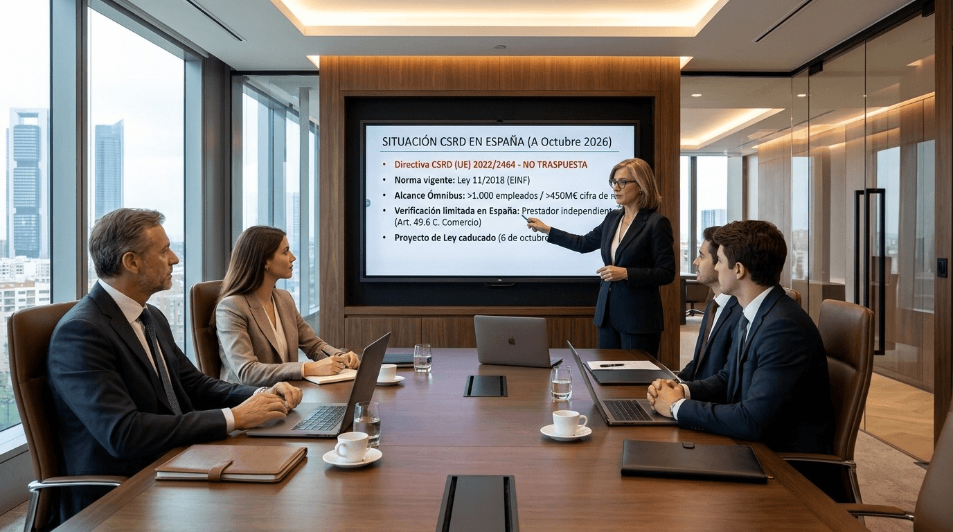 Socia de auditoría presentando a su equipo la situación de la CSRD en España a octubre de 2026