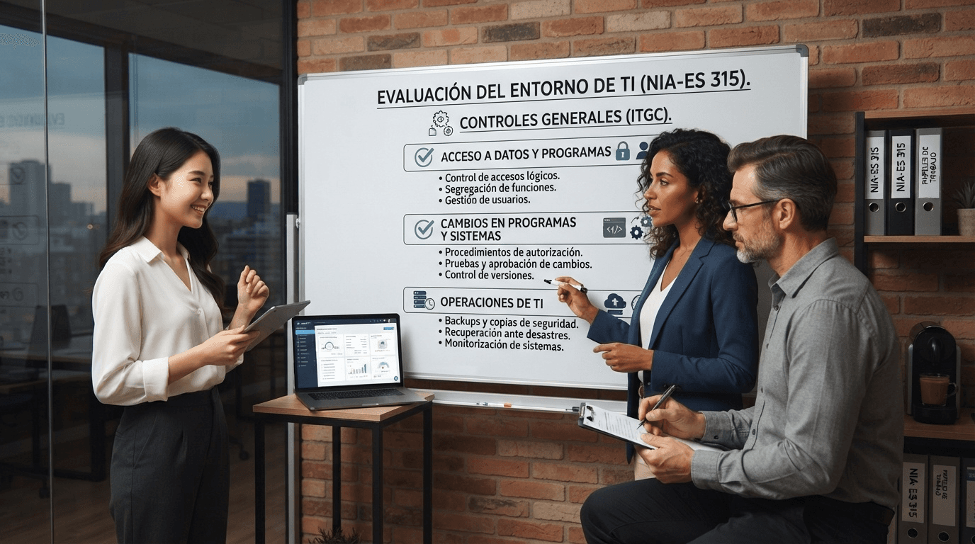Equipo de auditoría revisando en una pizarra los controles generales de TI de la NIA-ES 315: acceso, cambios y operaciones