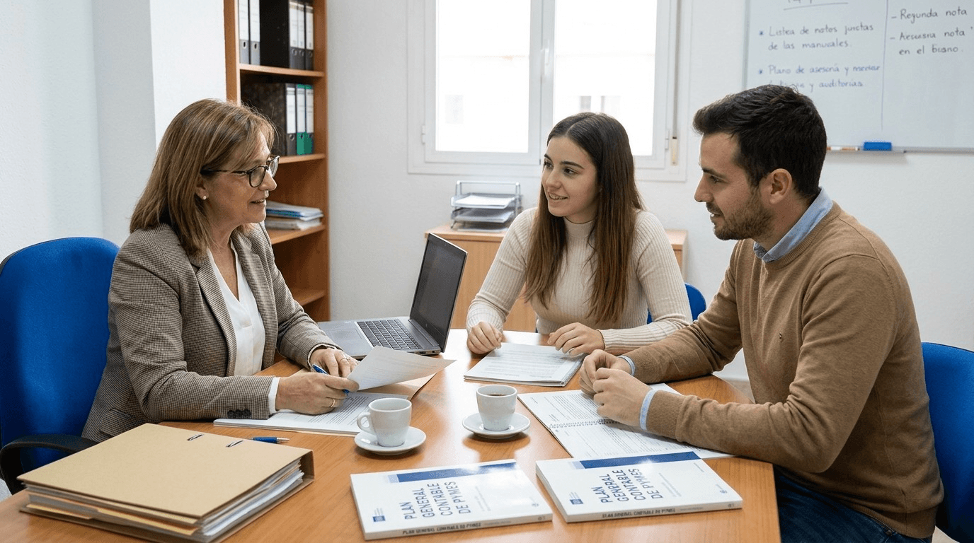 Equipo de auditoría revisando con una socia el Plan General Contable de PYMES en una mesa de trabajo