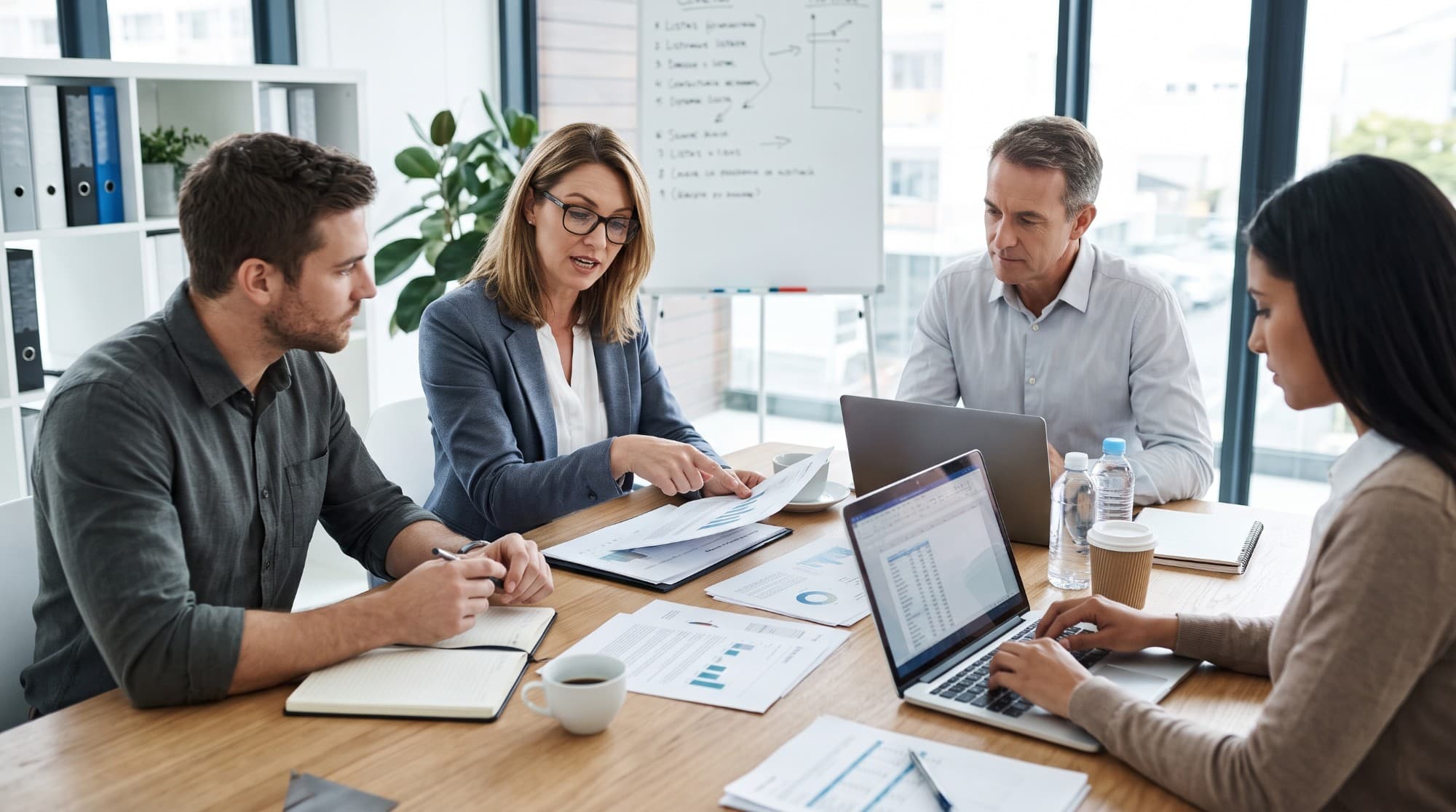 Socia de auditoría revisando con su equipo el plan y el programa de trabajo de un encargo